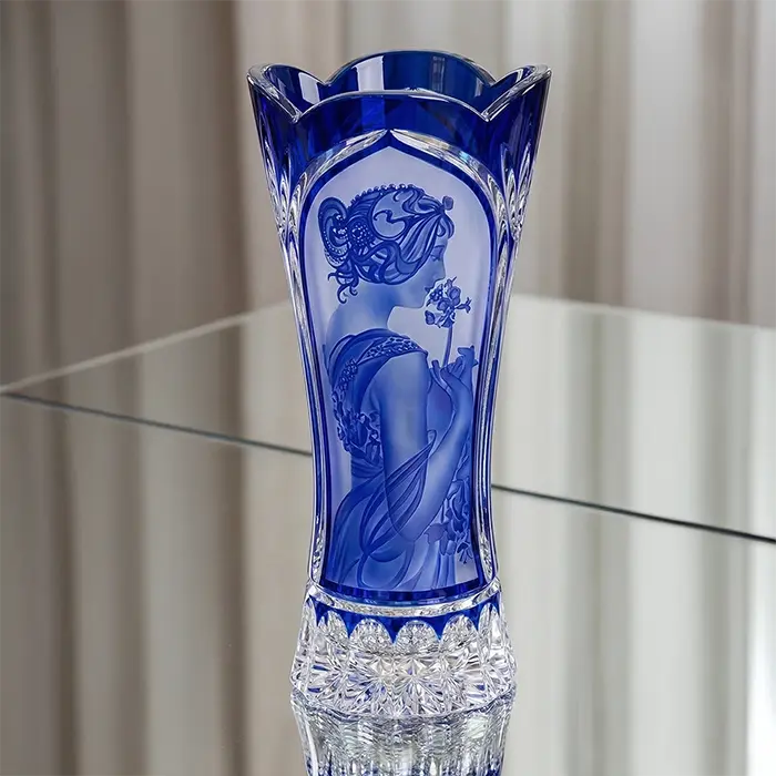 Luxury Crystal Mucha Vase – Blue Cased Crystal, Designed by František Šebesta (Art Glass)
