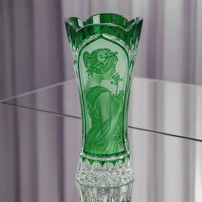 Luxury Crystal Vase Mucha – Green Cased Crystal, Designed by František Šebesta (Art Glass)