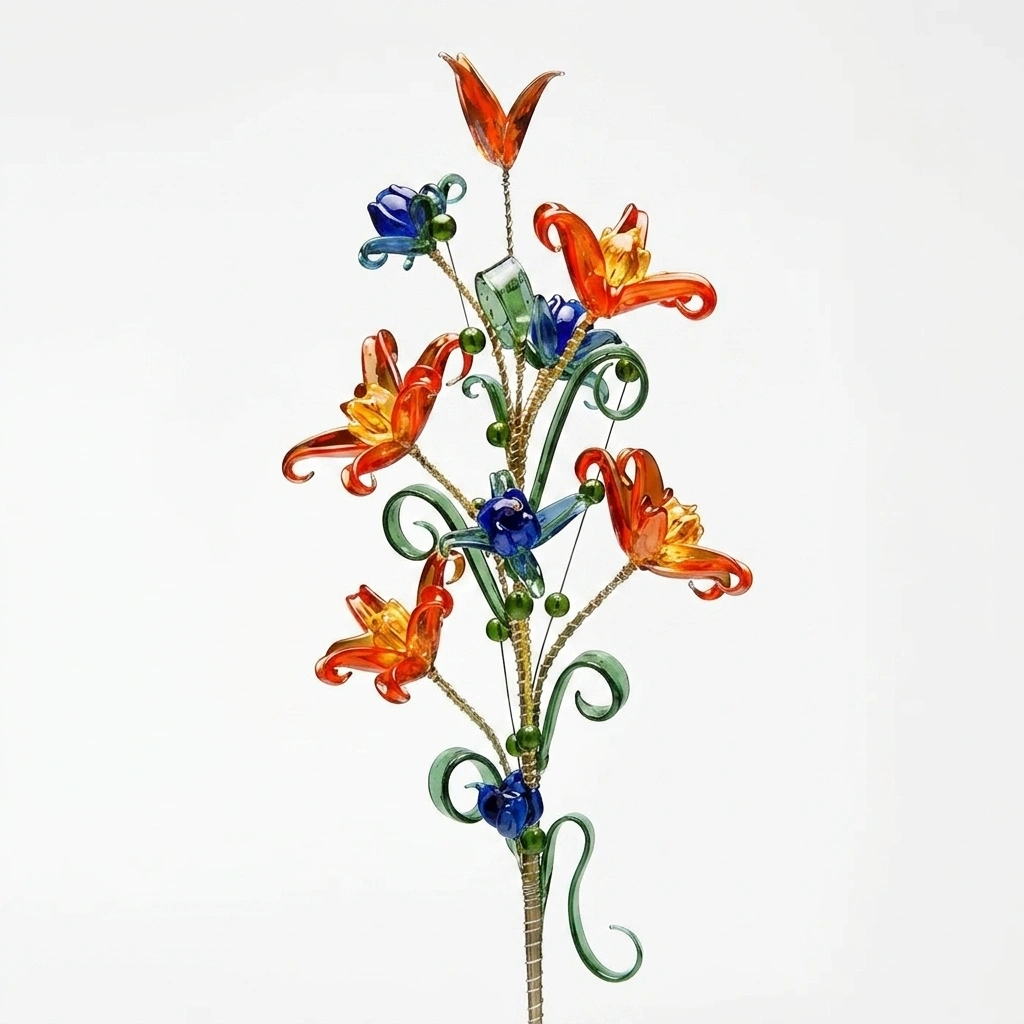 Ramo de cristal «Lirio dorado con florecillas azules»