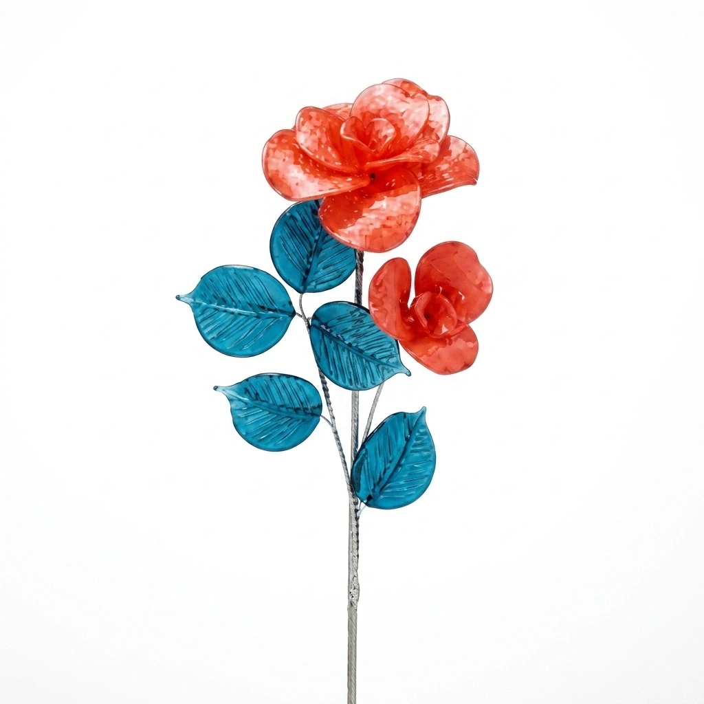 Glasblume „Korallenrose mit blauen Blättern“